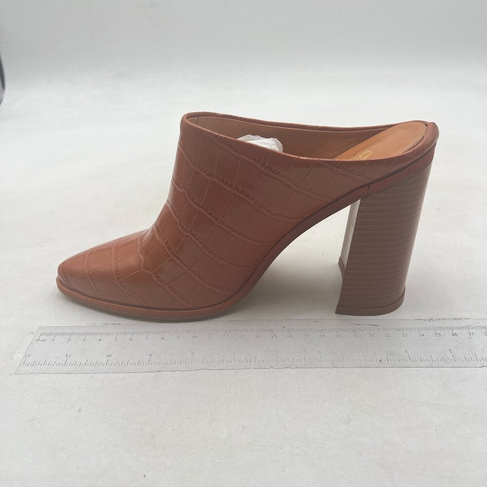 FOWT Brown Crocodile Embossed Mules Chunky Stacked Heel Pointed Toe Slippers